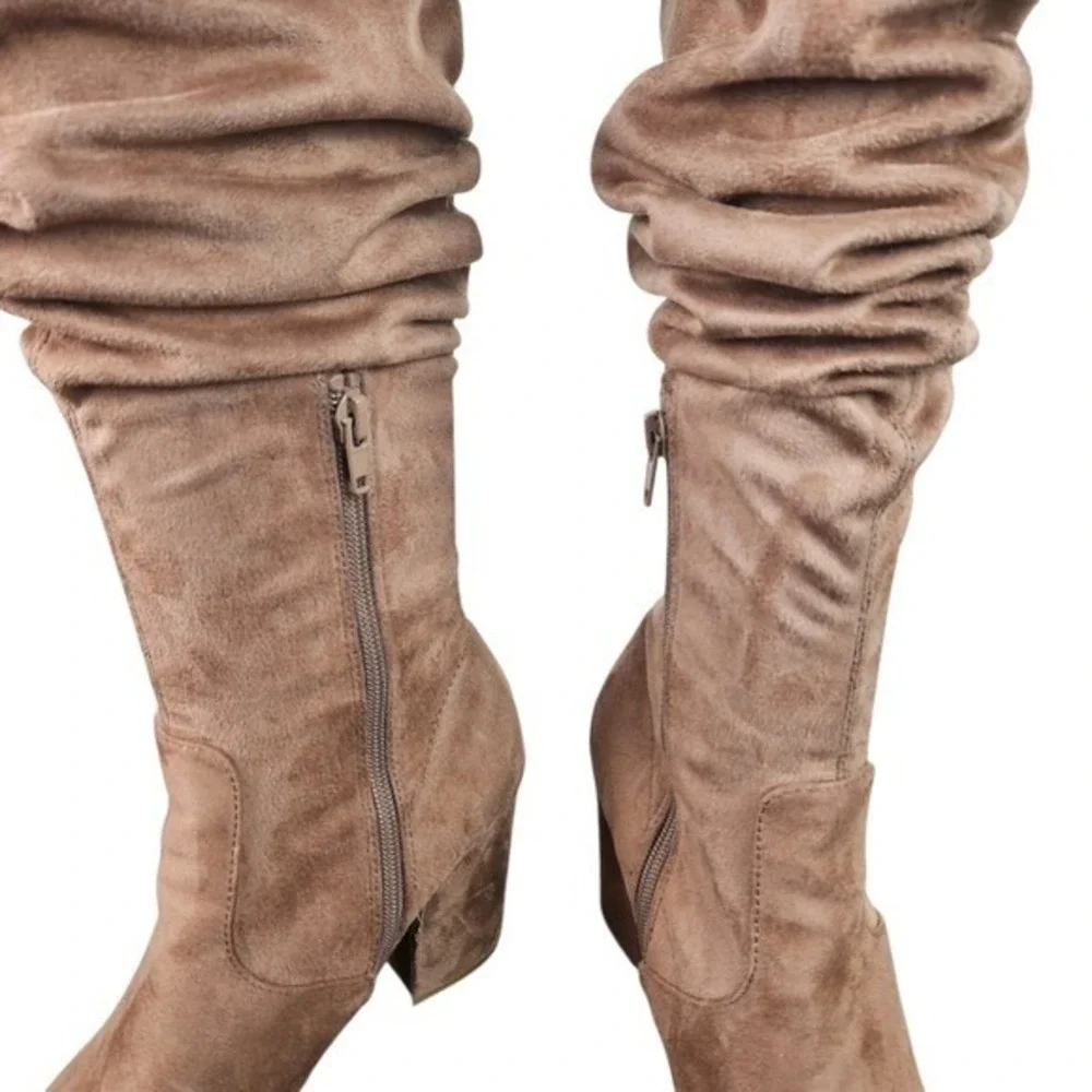Steve‎ Madden Women's Tan Suede Ruched Block Heel Pointed Toe Boots Size 8.5M